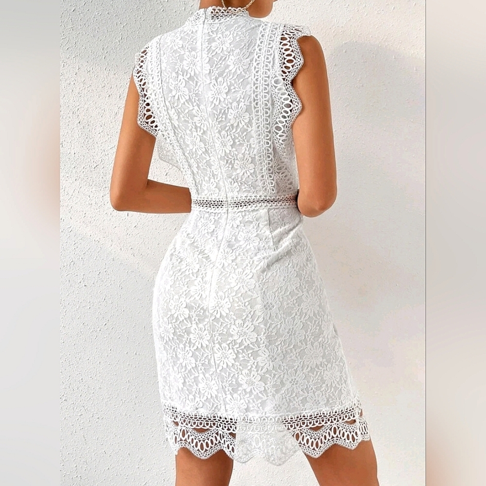 New Chic Embroidered Sheer Lace Dress Sleeveless White - Picture 4 of 9